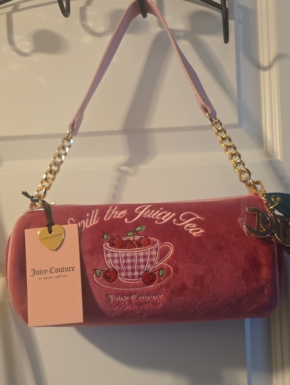 Juicy Couture Pink Velvet Barrel Bag with Cherry Tea Embroidery NWT